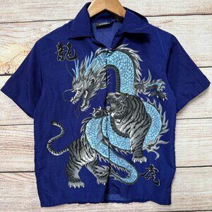 Vintage Y2K City Impact Womens Dragon Tiger Button Up Shirt Blue Chinese S Rare